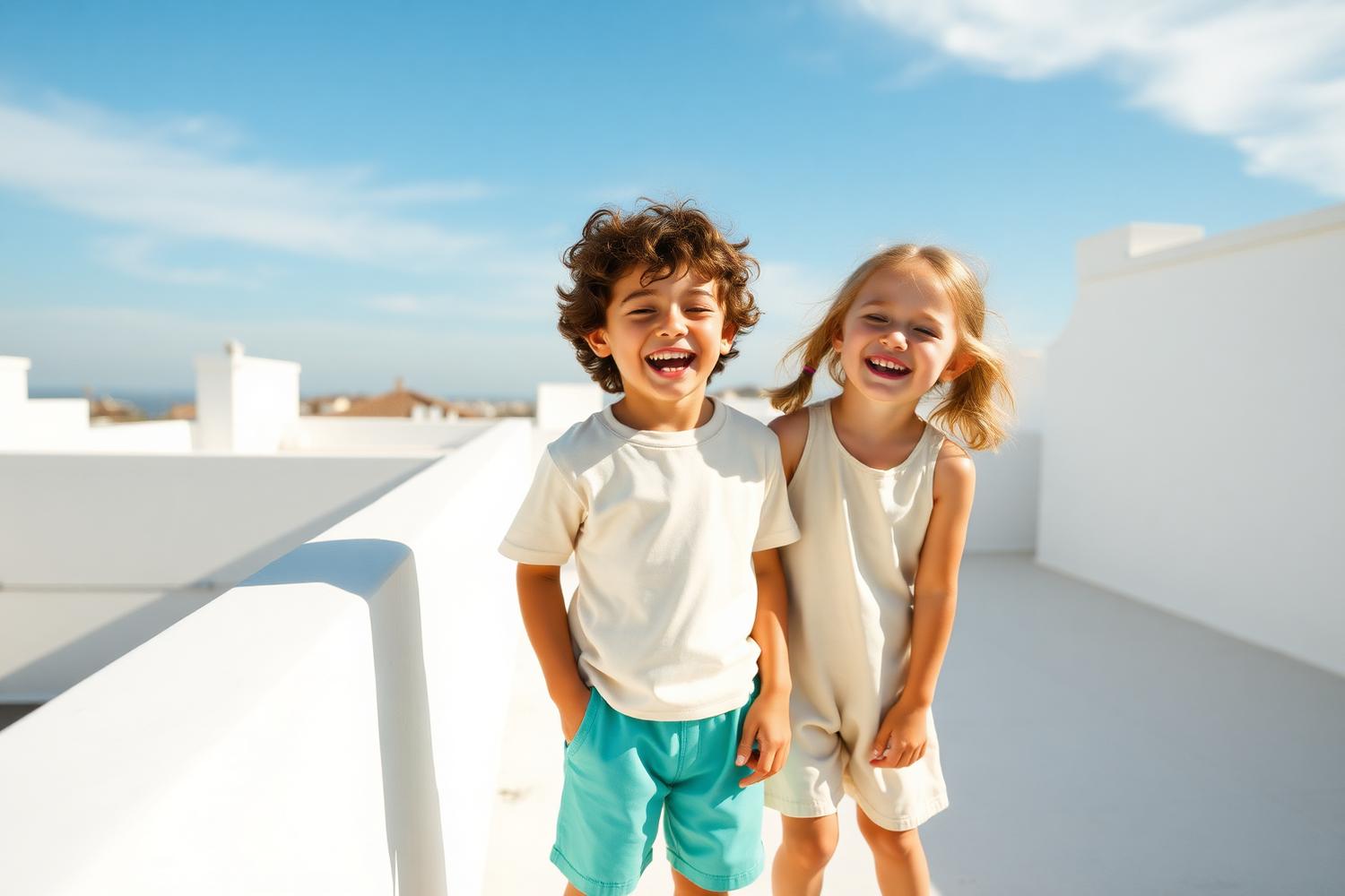 Dos niños riéndose en una terraza blanca
